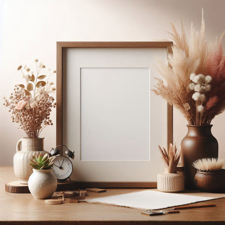 Mock up blank frame with pampas grass bouquet in vase, alarm clock, pencils and notebook on wooden table.の写真素材