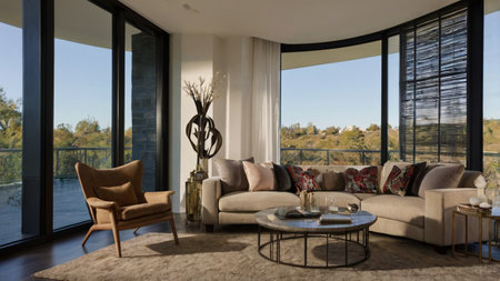 Luxury living room with panoramic view. 3d render