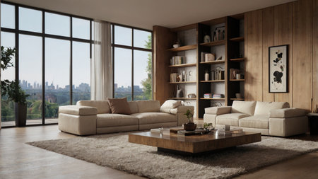 Modern living room interior design with beige sofa and coffee table. 3d render