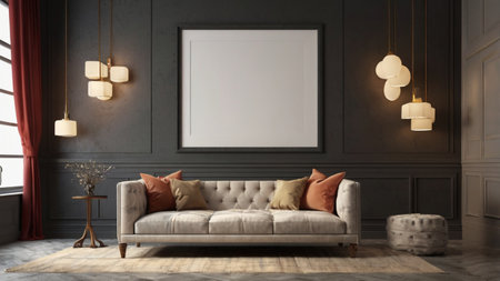 Interior of modern living room with gray walls, carpeted floor, comfortable sofa and mock up poster...