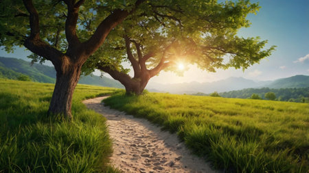 Sunset over the meadow with trees and grass. 3d rendering
