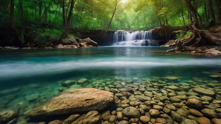 Waterfall in deep forest at Erawan waterfall National Park, Kanchanaburi, Thailand
