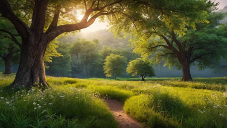 Sunset in the park. Panoramic view of the forest and meadow.の写真素材