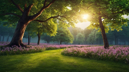 Sunset in the meadow with pink flowers and big tree.