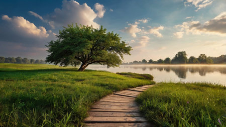 Wooden path leading to the lake through the meadow at sunsetの写真素材