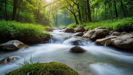 beautiful waterfall in green forest, long exposure photo. panorama