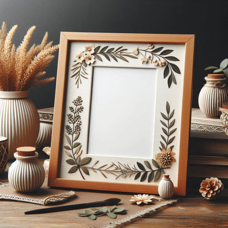 Stylish photo frame with decorative elements on wooden table, closeup