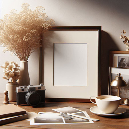 Mock up blank frame, photo frames, coffee cup and vintage camera on wooden table. 3d render