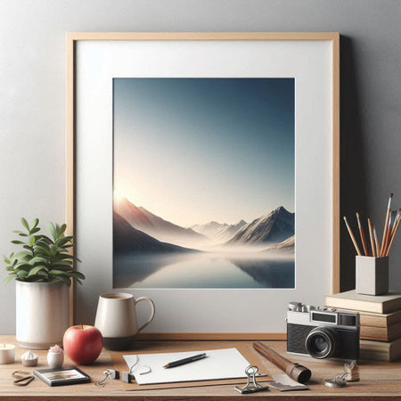 Blank picture frame mockup on wooden table, 3d render