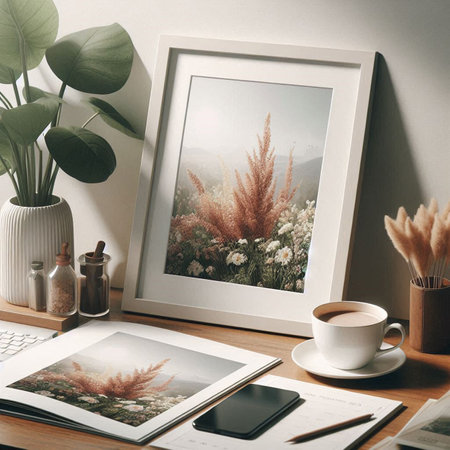 Designer workspace with blank photo frame, coffee cup and other items. Mock upの写真素材