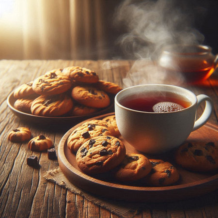 Cup of tea with chocolate chip cookies on a wooden background.の写真素材