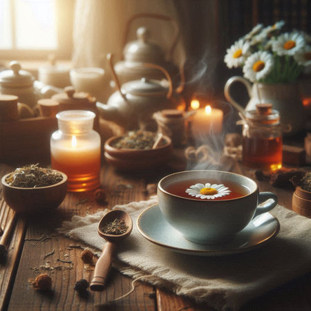 Cup of herbal tea with chamomile flowers on a wooden tableの写真素材