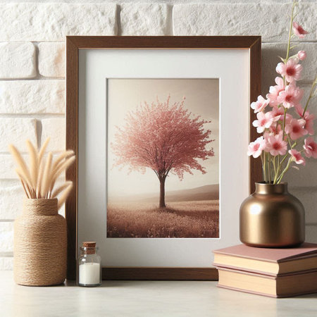 Stylish photo frame with beautiful blooming tree on brick wall background