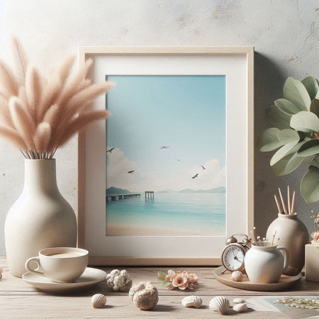 Wooden frame mockup with beautiful sea view. 3d renderingの写真素材