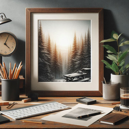 Wooden frame mockup with a picture of a pine forest on the wall. 3d rendering