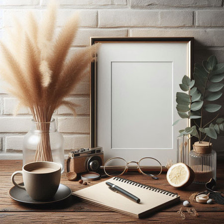 Blank picture frame mockup, coffee cup, notebook, camera, sunglasses, plant on wooden table.