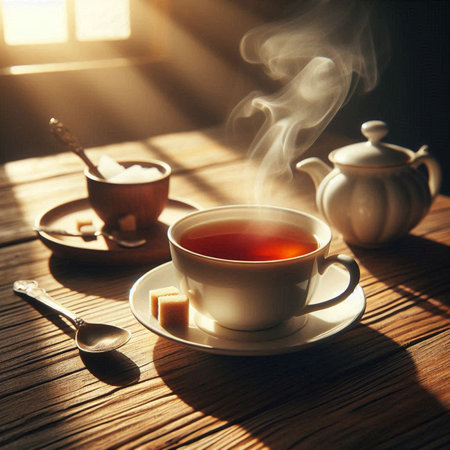 Cup of tea with sugar on a wooden table in sunlight.の写真素材