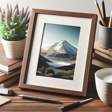 Photo frame mockup on wooden table. Photo album mockup.