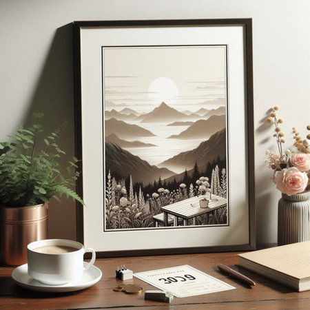 Mockup of a photo frame with a picture of a mountain landscape, a cup of coffee and a notebook.の写真素材