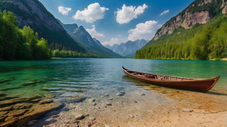 Panoramic view of a boat on the shore of a mountain lakeの写真素材