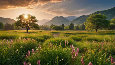 Sunset in the mountains. Beautiful summer landscape with a meadow and a tree.の写真素材