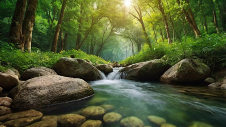 Mountain stream in the forest. Beautiful nature landscape with clear water.の写真素材