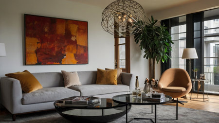 Modern living room interior with sofa, coffee table, armchair and painting