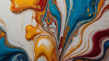 Abstract background of acrylic paint in blue, orange, yellow and red tones