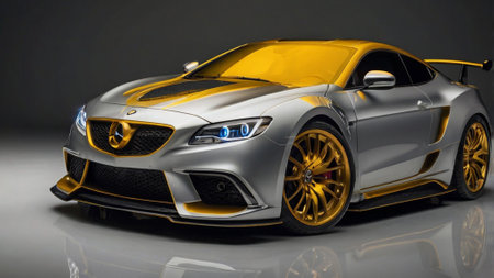 Luxury sports car coupe on a glossy white background.