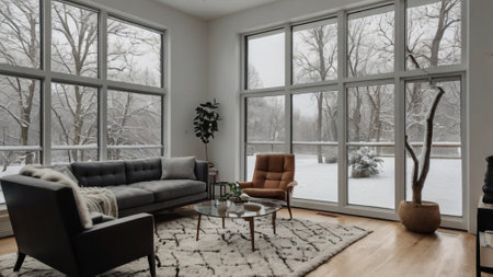Modern living room with a large window overlooking the winter forest. Nobody insideの写真素材