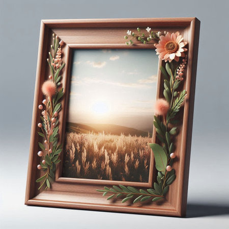 Wooden frame with flowers on the background of the sunset. 3d rendering