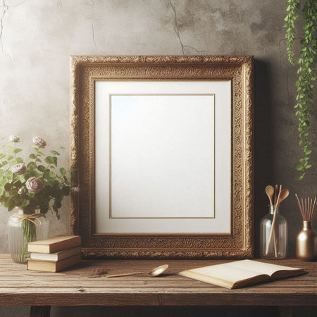 Blank picture frame mockup in interior background. 3d render