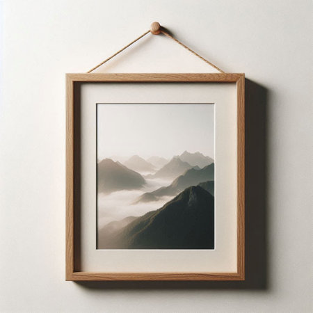 Wooden frame hanging on a white wall with a picture of mountainsの写真素材