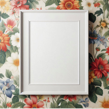White picture frame on floral wallpaper background. Mock up, 3D Rendering