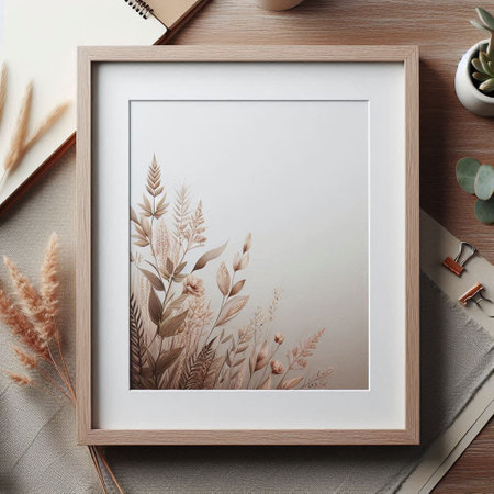 Wooden frame with dry flowers on table, top view. Mockup for design