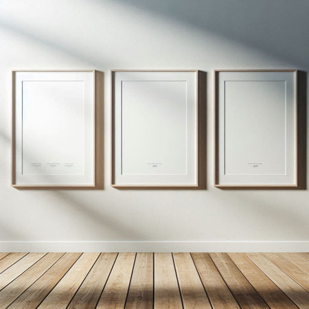 Three empty frames on a white wall. 3d rendering mock up