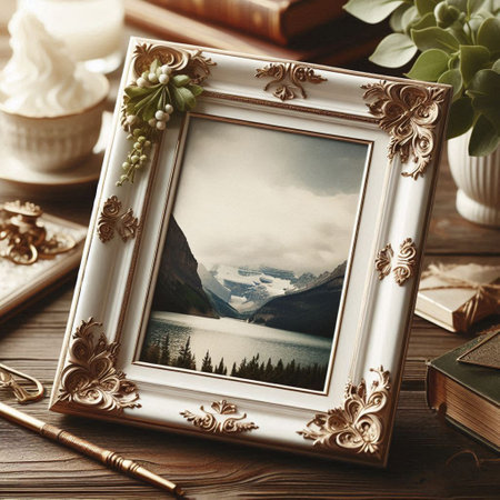 Vintage photo frame with alpine landscape and books on wooden table