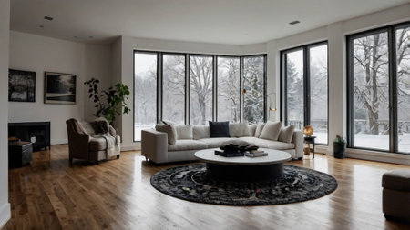 Modern living room with panoramic window overlooking the winter forest. Nobody inside