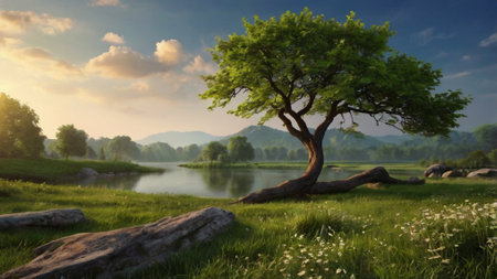Beautiful landscape with green tree and lake at sunset. 3d rendering