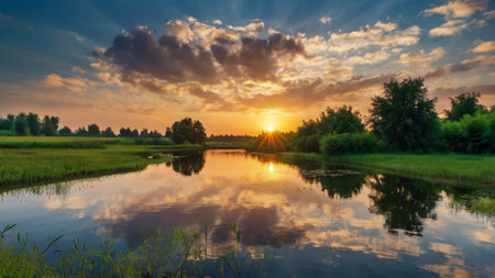 Sunset over the river. Beautiful summer landscape. Nature composition.