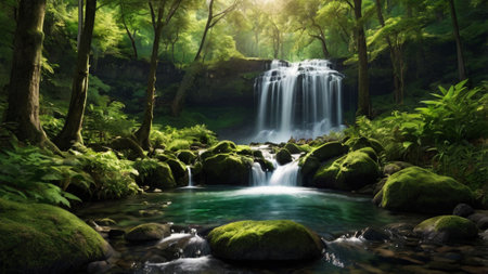Beautiful waterfall in the green forest with sunlight. Nature background.