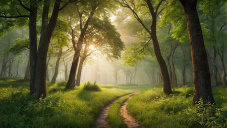 Sunrise in the misty summer forest. Panoramic view