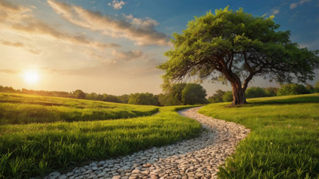 Panoramic view of a path through the green fields and a tree at sunset