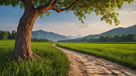 Country road in rice field with tree and mountain background at sunrise.