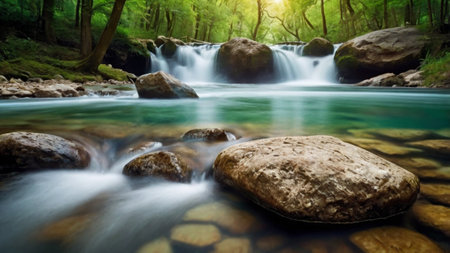 Beautiful waterfall in the green forest, long exposure. Soft focus.