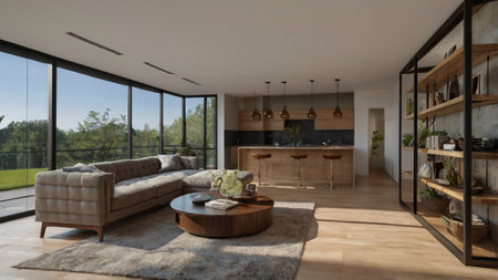 Interior of a modern living room with a panoramic view
