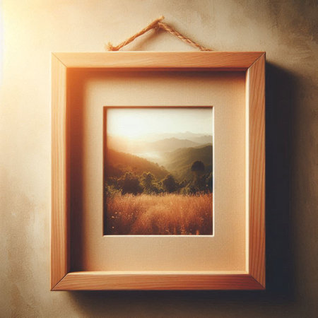 Wooden photo frame hanging on the wall. Vintage filtered image.の写真素材