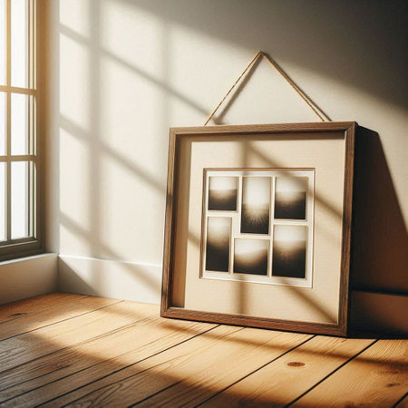 Wooden picture frame on the wall in room. 3d renderingの写真素材