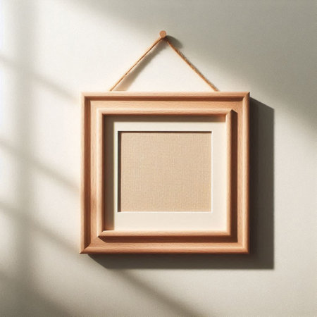 Wooden picture frame hanging on the wall with shadow from the windowの写真素材