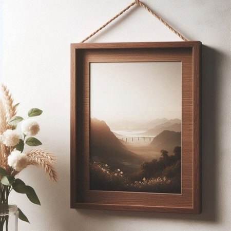 Wooden picture frame hanging on the wall. 3d rendering.